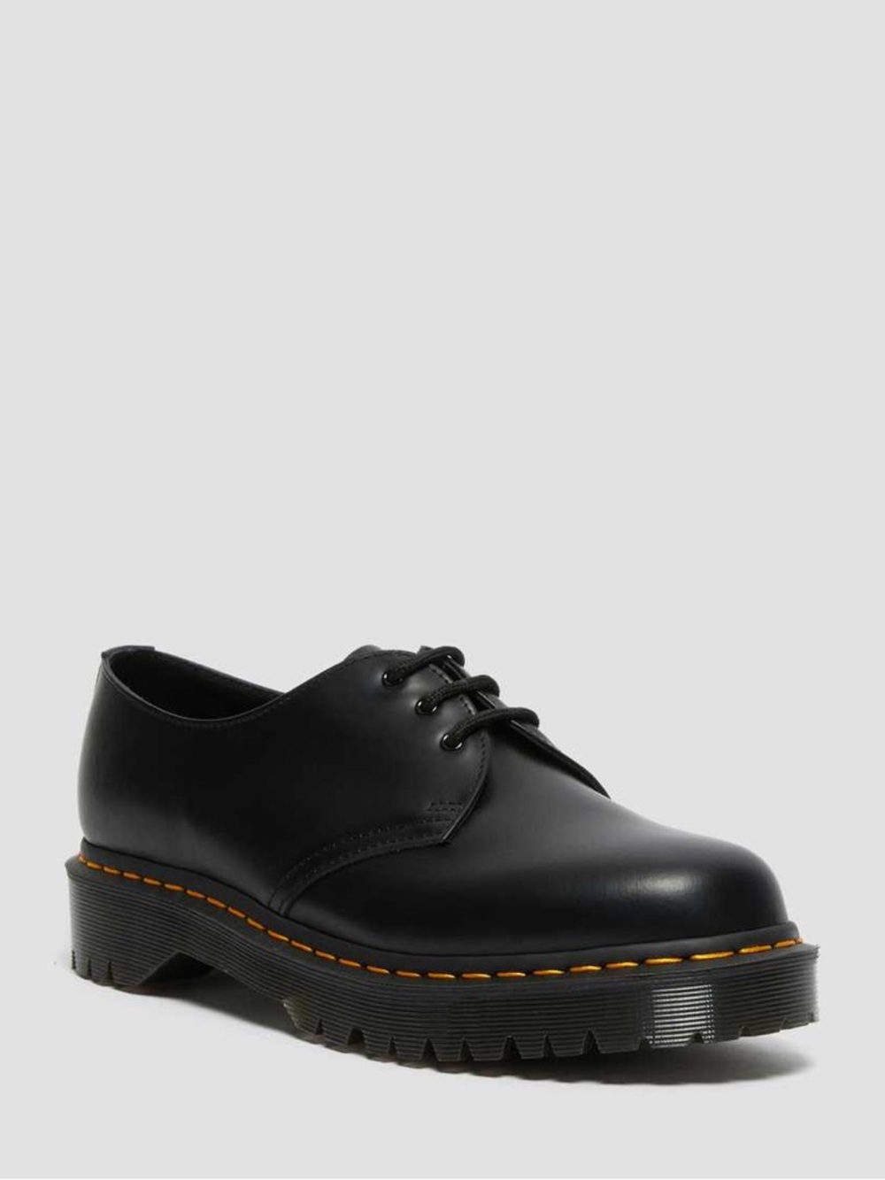 Dr. Martens Women's Black Leather Lace-Up Derby with Yellow Stitching